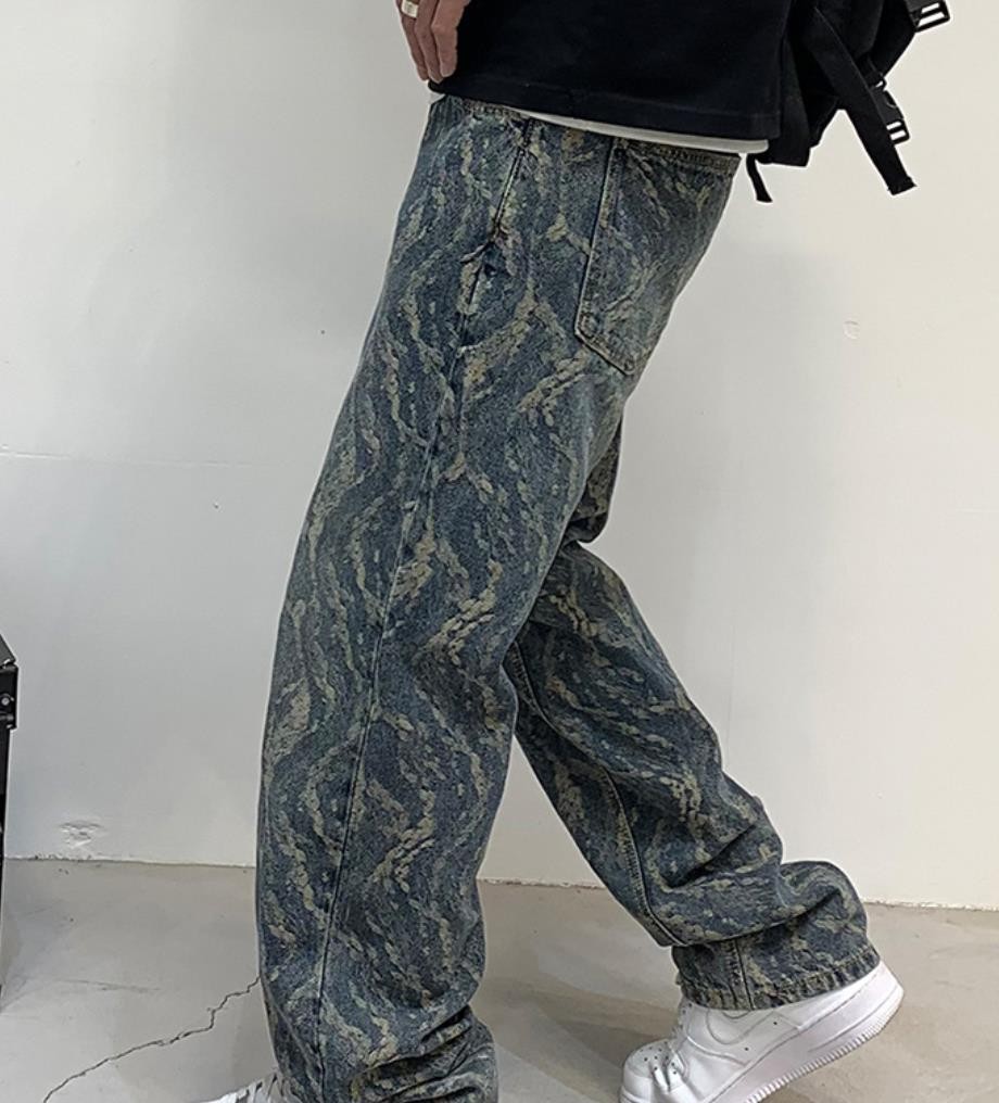 Men’s Blue Denim Jeans Straight Leg Casual Punk Hip Hop Pants Pockets Trousers