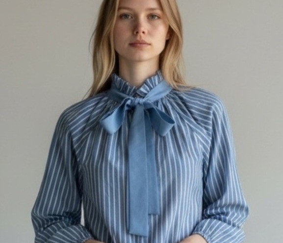 Free Assembly Womens XS Blue White Striped Bow Neck Blouse 100% Cotton Long Slee