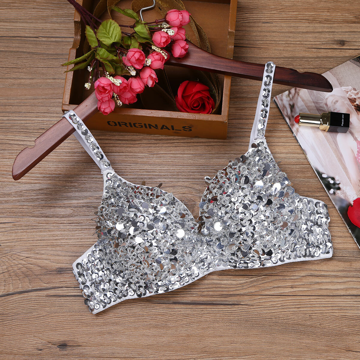 Womens Sequins Sparkle Bra Crop Top Belly Dance Costume Tops Rave Party Clubwear