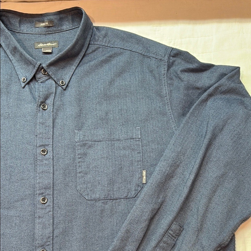 Eddie Bauer 3XL Blue Herringbone Cotton Button Down Shirt Classic Fit Long Slv