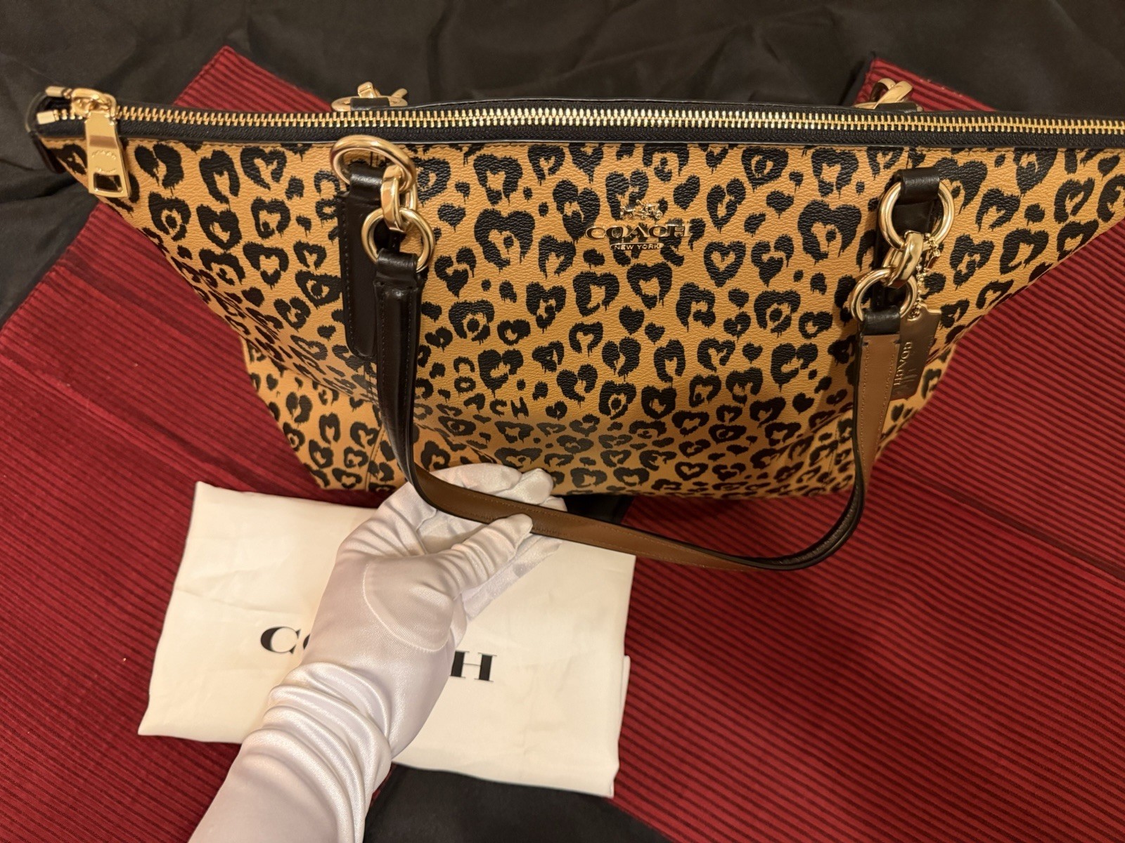 Coach Leopard Print Tote Zip Top Lined Inner Pockets Gold Hardware Dust Bag