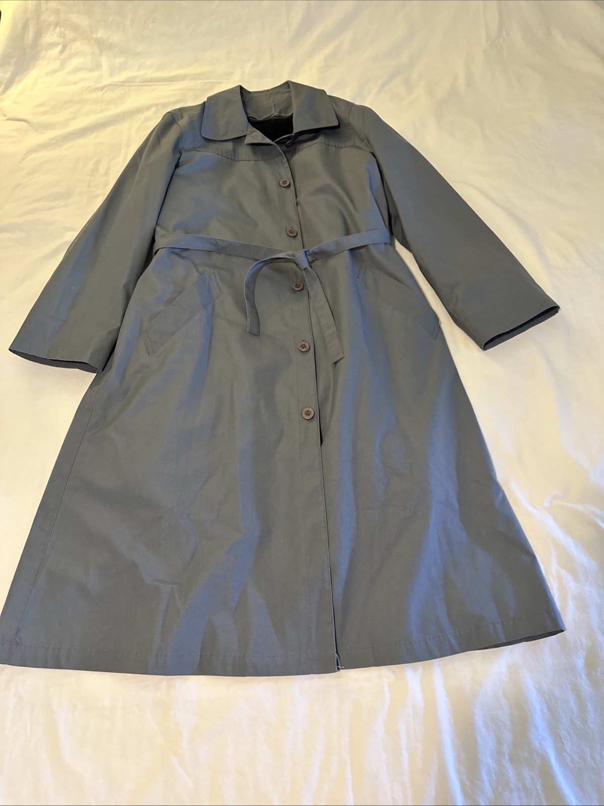 Vintage London Fog MainCoat Grey Blue Womens 6 Reg USA Full Length Lined Belted