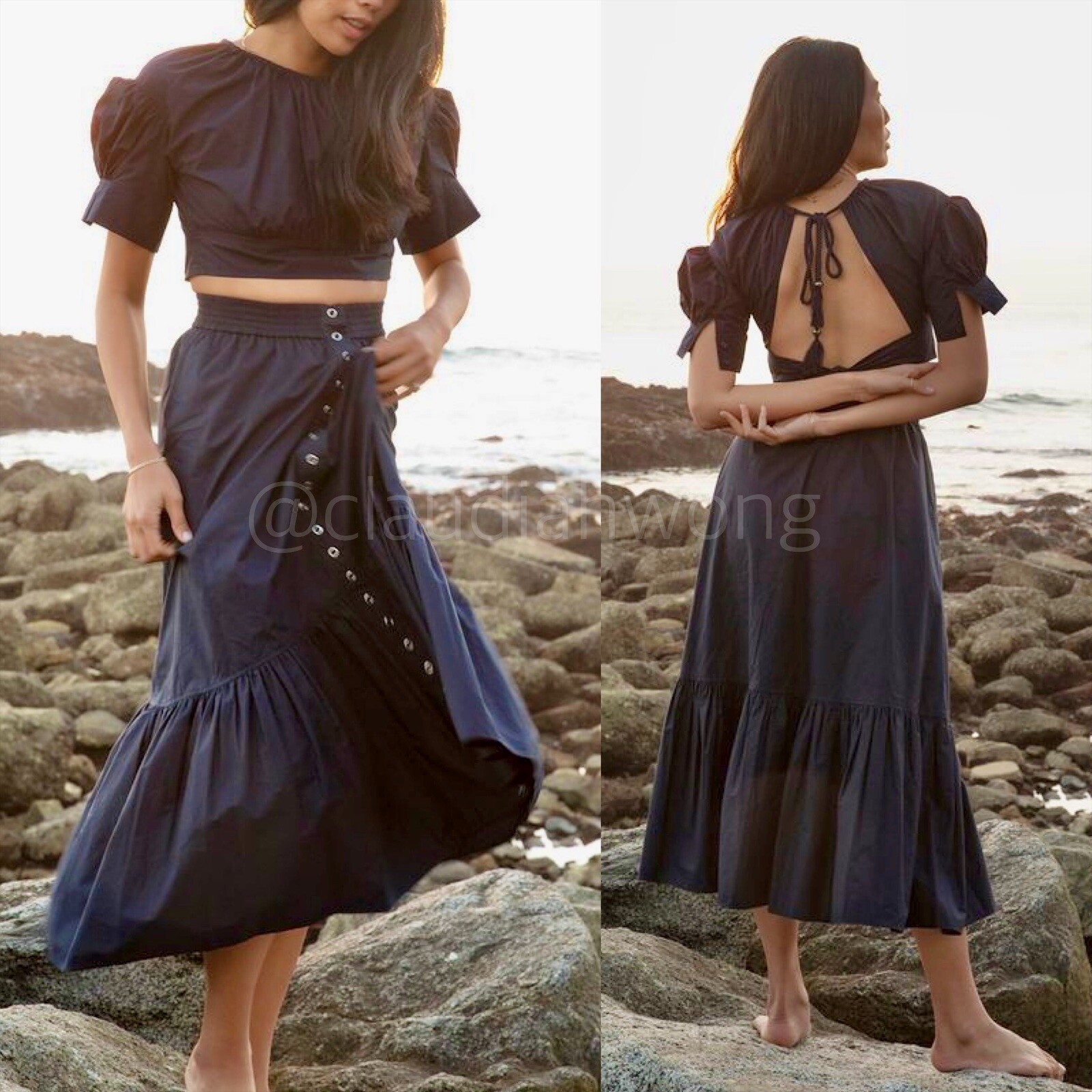 A.L.C. Jade Nightshade Navy Blue Snap Button Ruffle Full Maxi Skirt Sz 4 ALC
