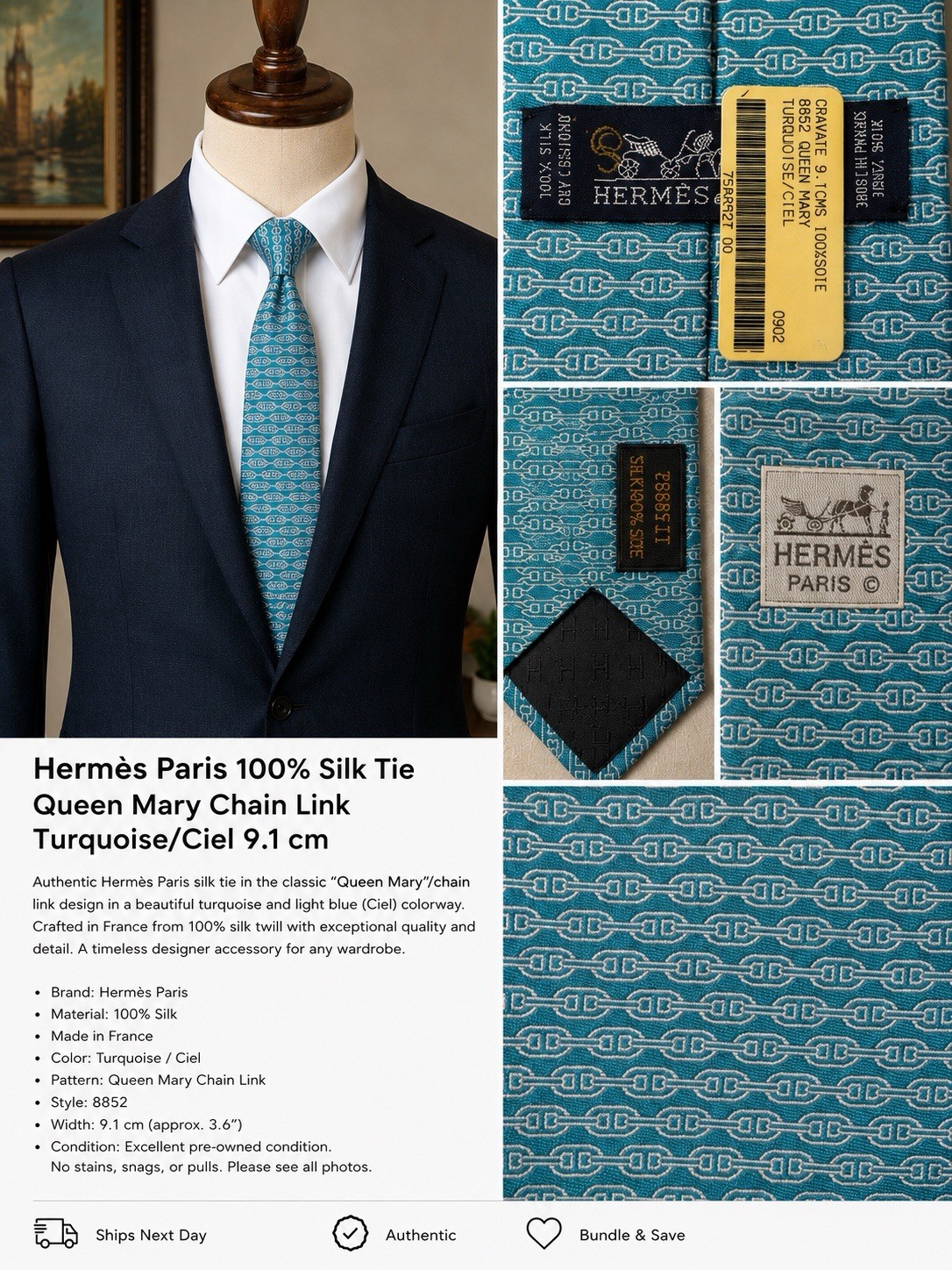 Hermès Paris Men’s 100% Silk Turquoise/Light Blue Chain Link Pointed Logo Tie