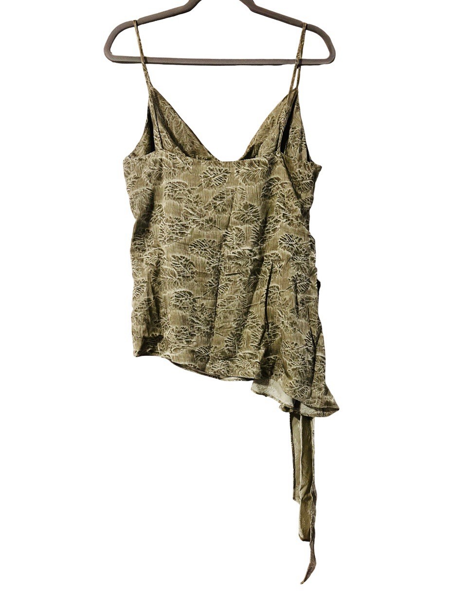Zara Sage Green Jacquard Wrap Cami Top Asymmetrical Tie Leaf Print L