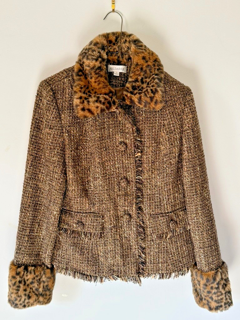 Methode Faux Fur Cheetah Leopard Brown Gold Tweed Fringe Blazer Jacket 4