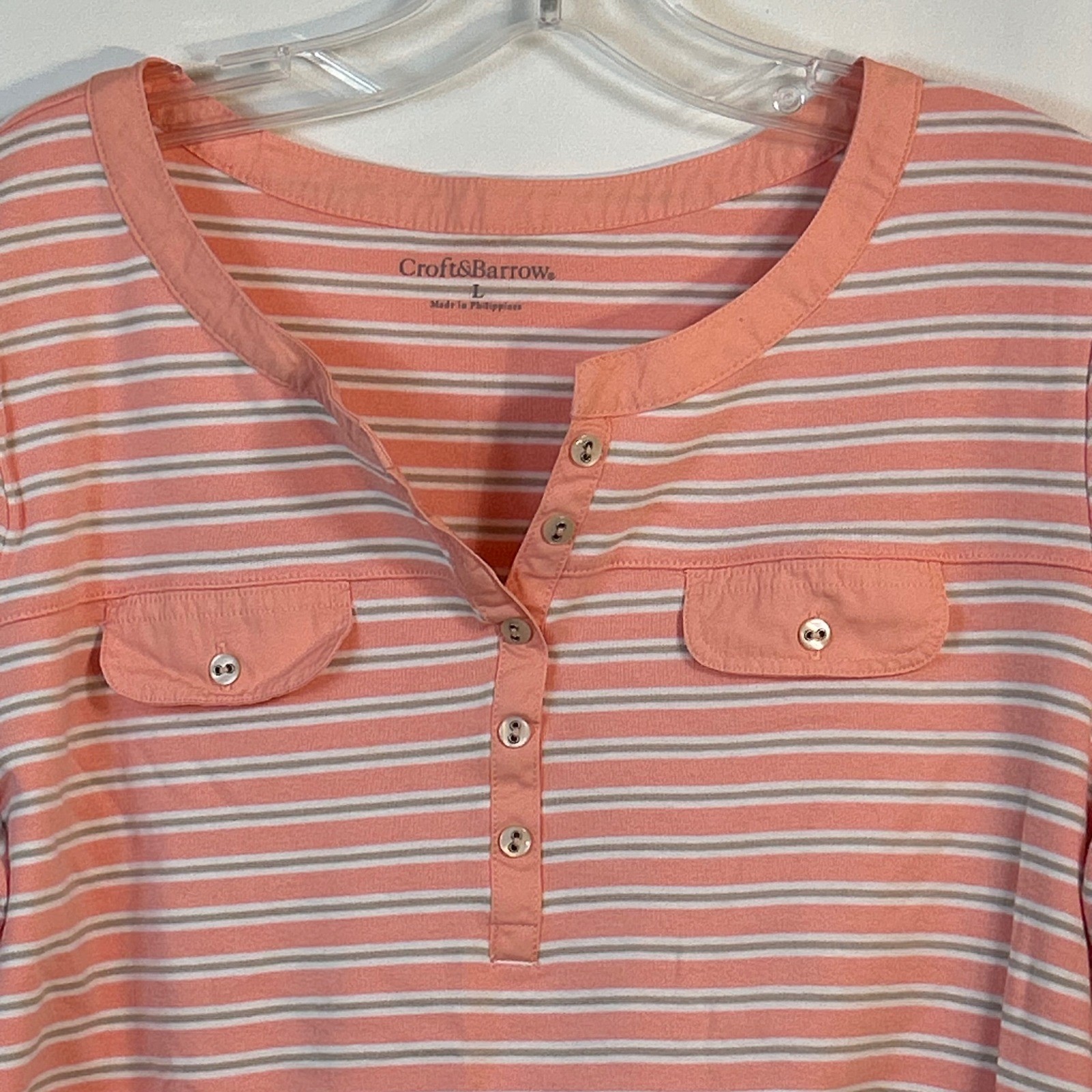 Croft & Barrow Womens Salmon Pink Striped Cotton Henley Roll Tab Sleeve Top L