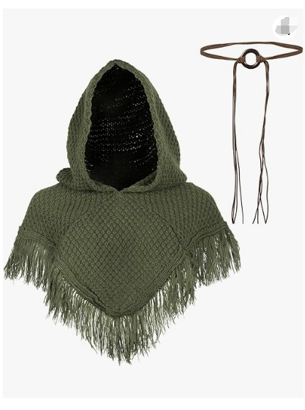 Renaissance Hooded Shawl Poncho Knitting Cowl Hood with Medieval Belt Viking Hoo