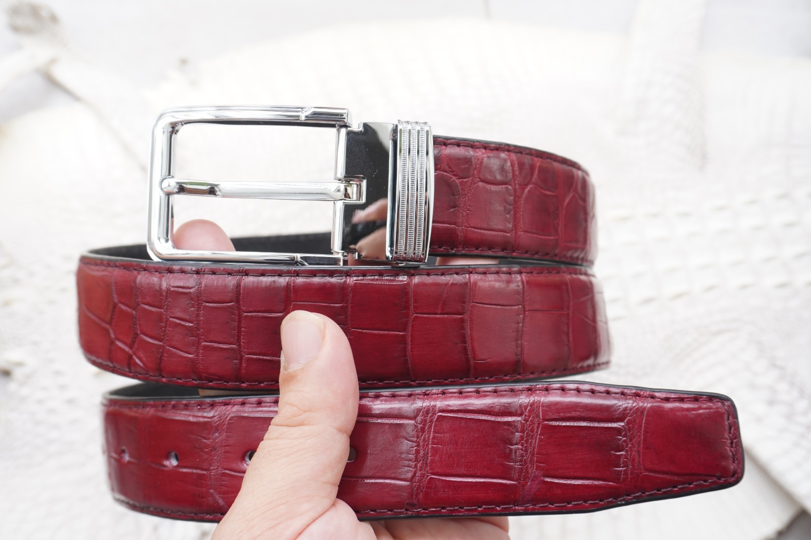 W 1.3 inch- Burgundy Genuine CROCODILE Belly LEATHER Skin Men’s Belt #Y28