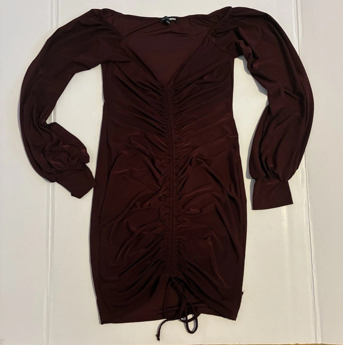 Fashion Nova Burgundy Ruched Drawstring Bodycon Mini Dress V-Neck M