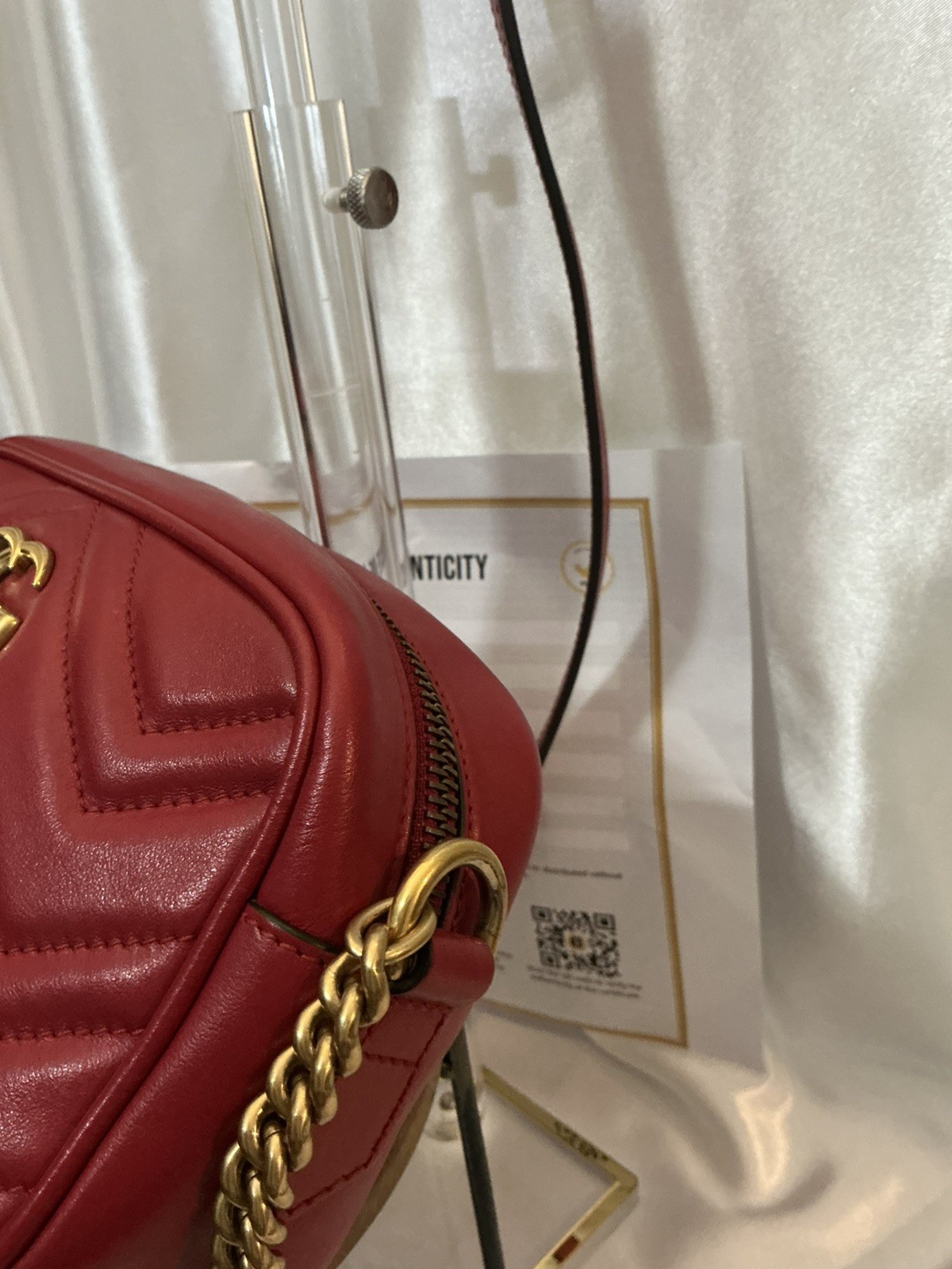 Authentic Gucci GG Marmont 2.0 Red Leather Chevron Camera Crossbody w COA