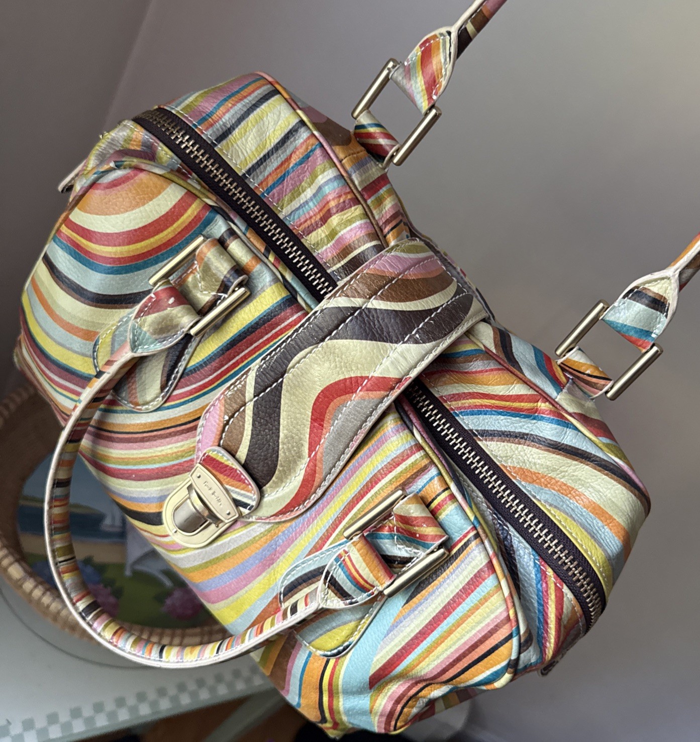 Paul Smith Classic Multicolour Swirl Leather Push Lock Shoulder Bowler Handbag