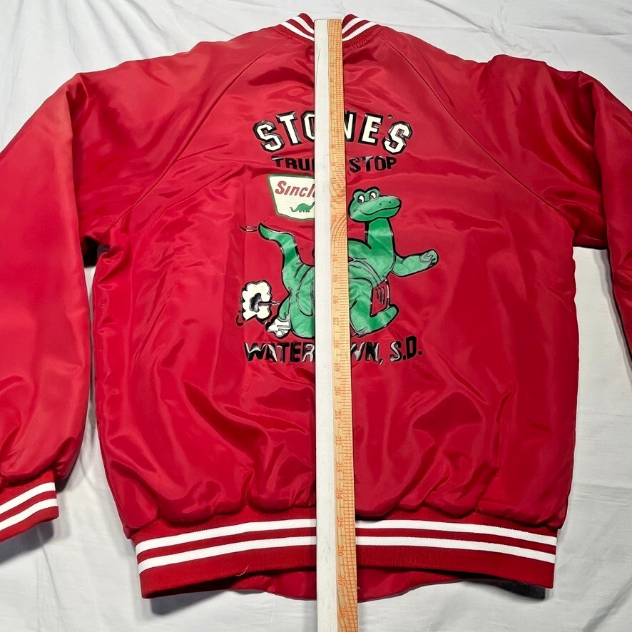 Vintage 80s Hartwell Jacket Mens Medium Red Dinosaur Truck Stop Snaps Sinclair