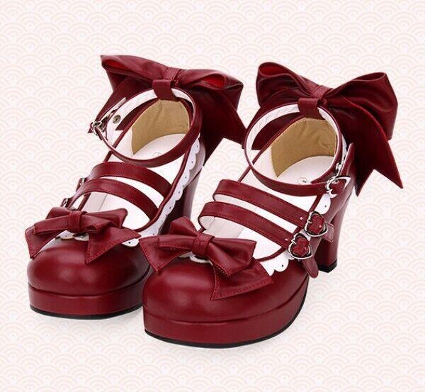 Lolita Women’s Mid Heel Cosplay Shoes Bowknot Platform Sweet Candy Shiny Leather