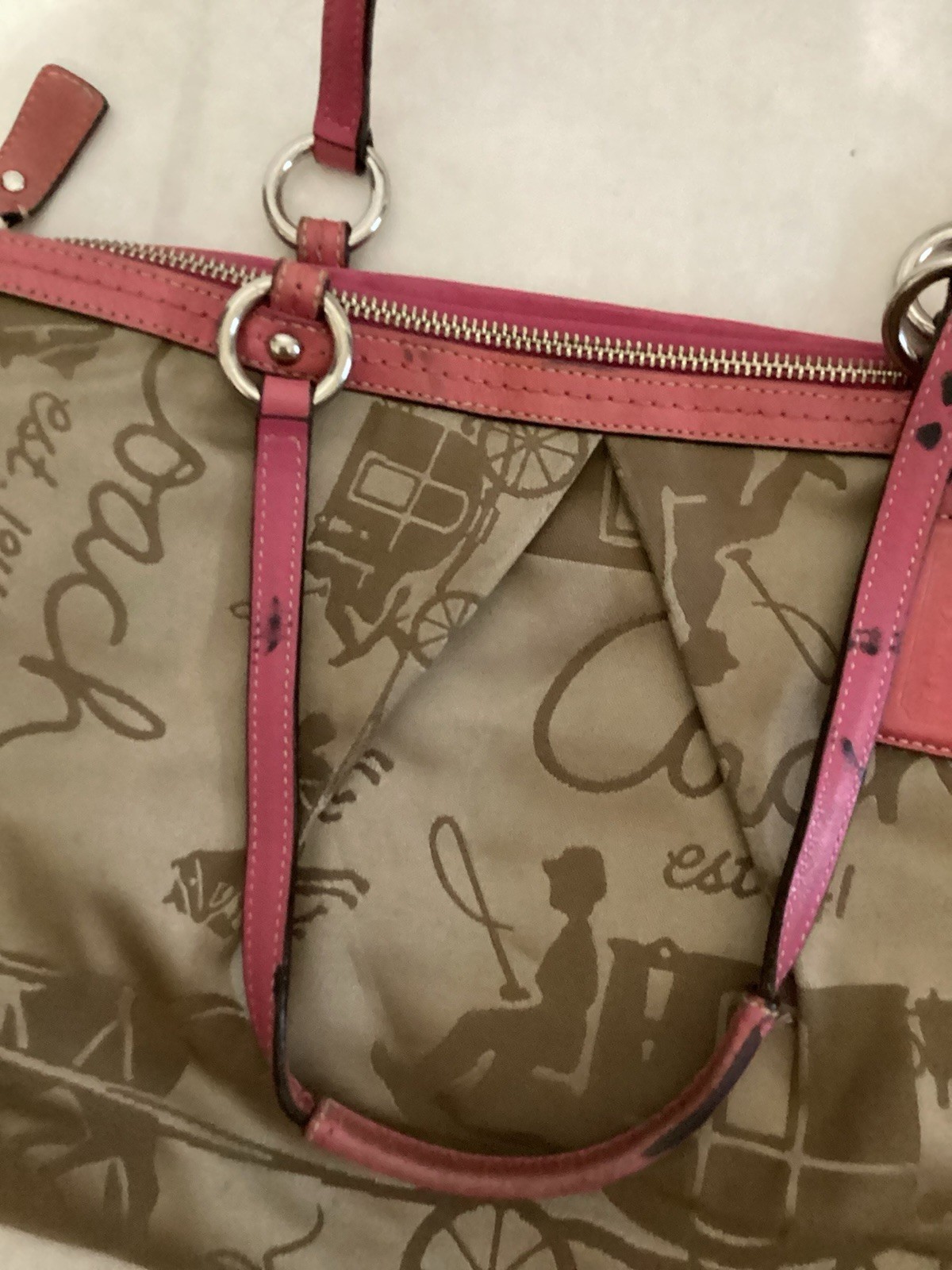 Coach Horse & Carriage Script Sateen Tote Bag Champagne/Pink Trim F14482 As-Is