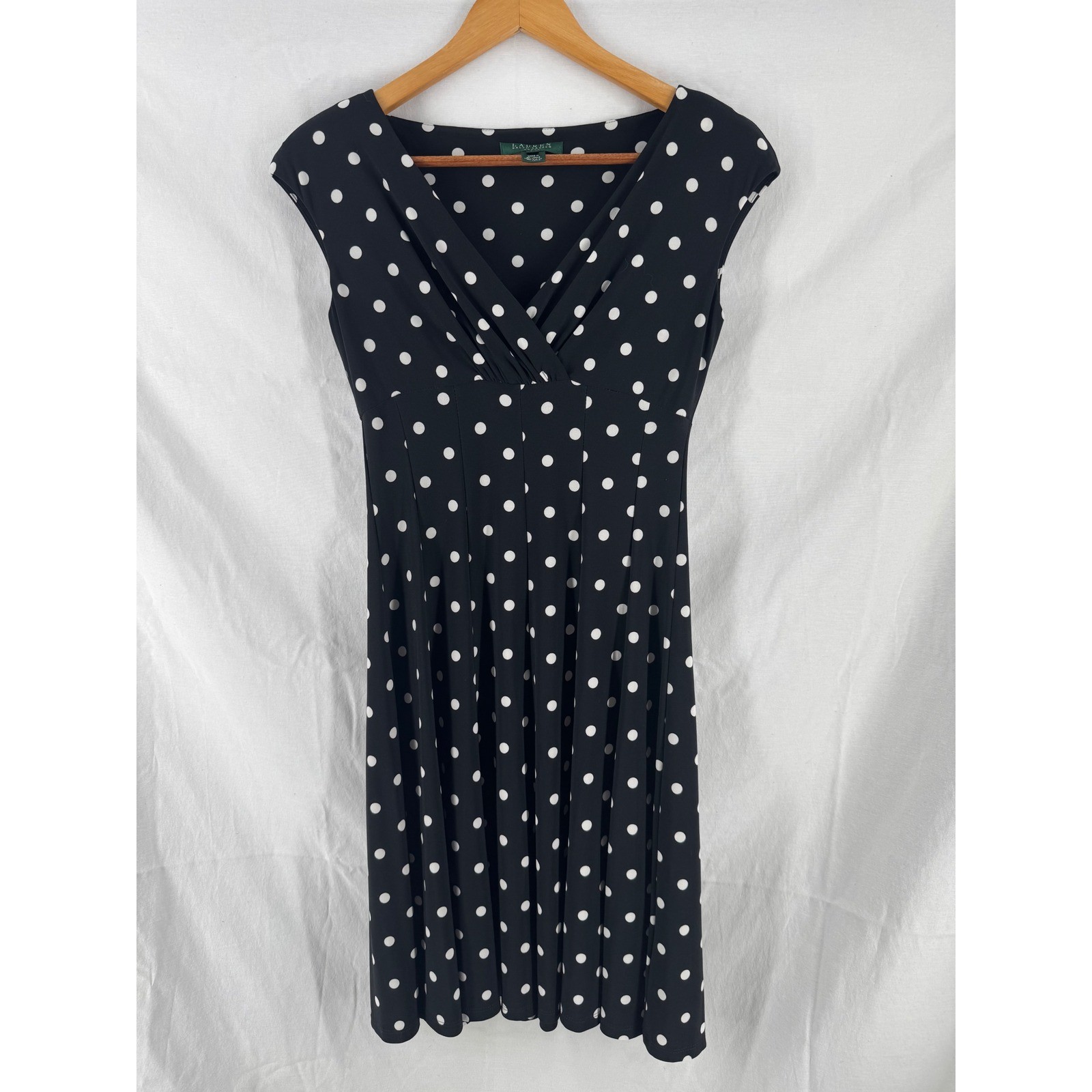 Lauren Ralph Lauren Polka Dot Dress Black White V-Neck Fit Flare Petite 2P