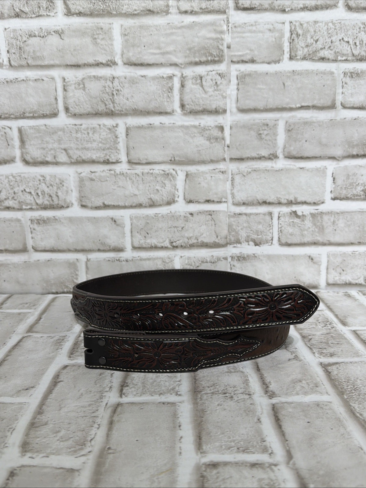 Ariat Men Limited Edition Ostrich Tooled Brown Leather Belt Only No Buckle Sz 34