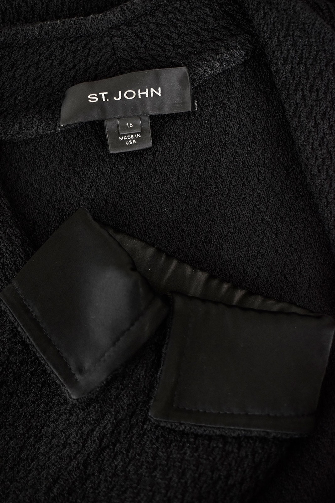 St. John Knits Black Jacket sz 16 – Long Black 1-Button Jacket w/ Satin Cuffs