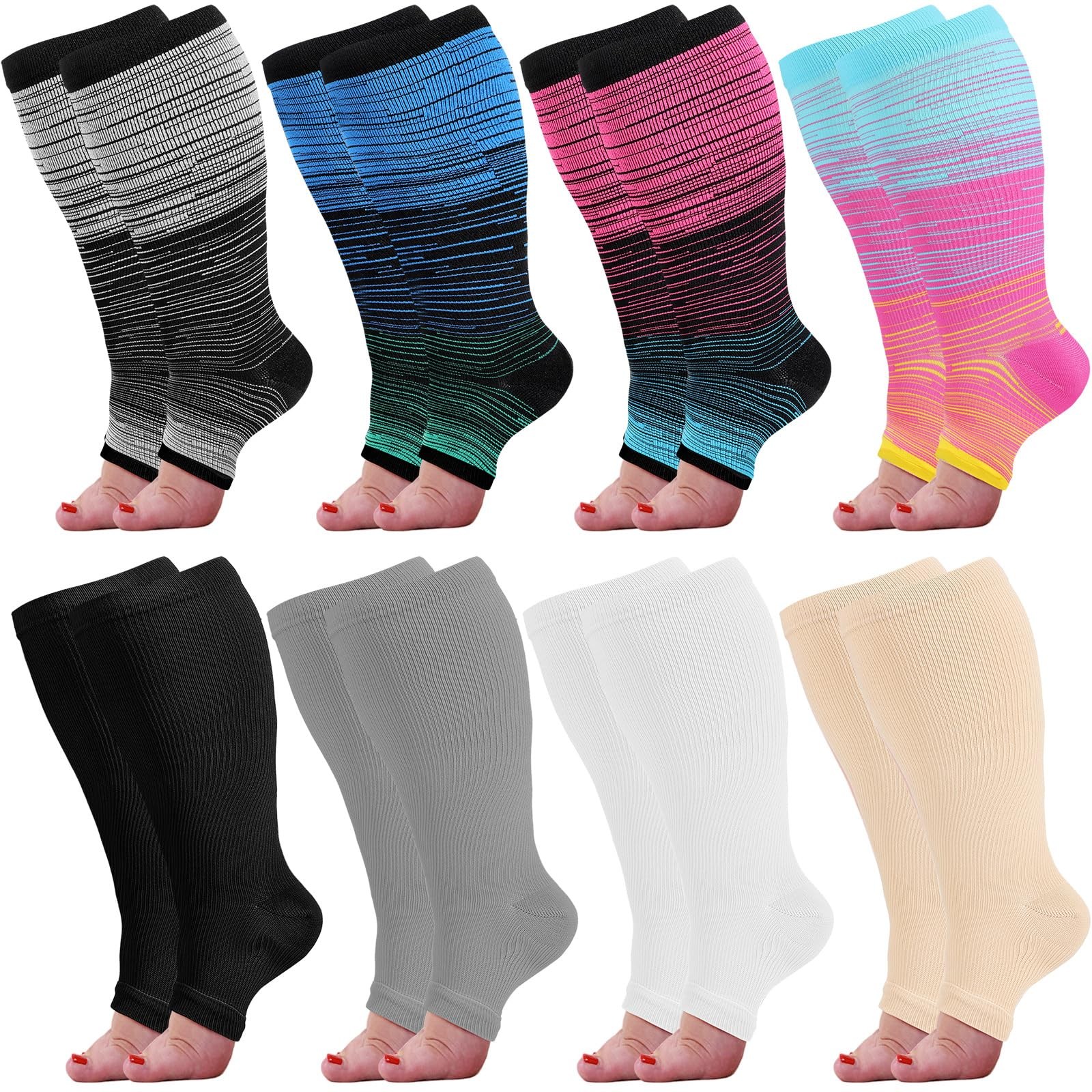 Croknit 8 Pairs Wide Calf Compression Socks X-Large 20-30 Mmhg for Women Men