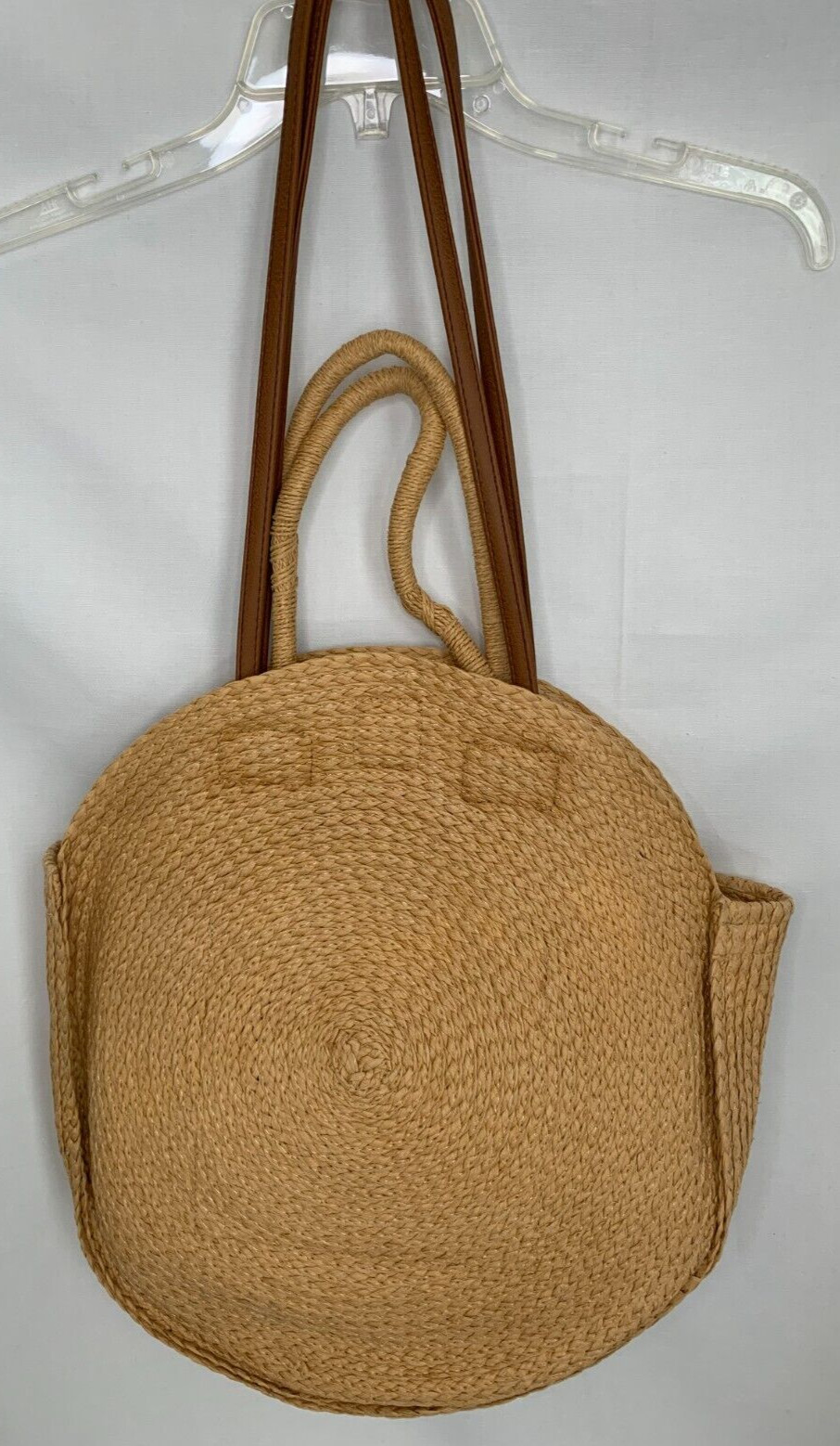 Large Jute Tote Straw Woven Circular Round HandBag Shoulder Straps Tan Beach