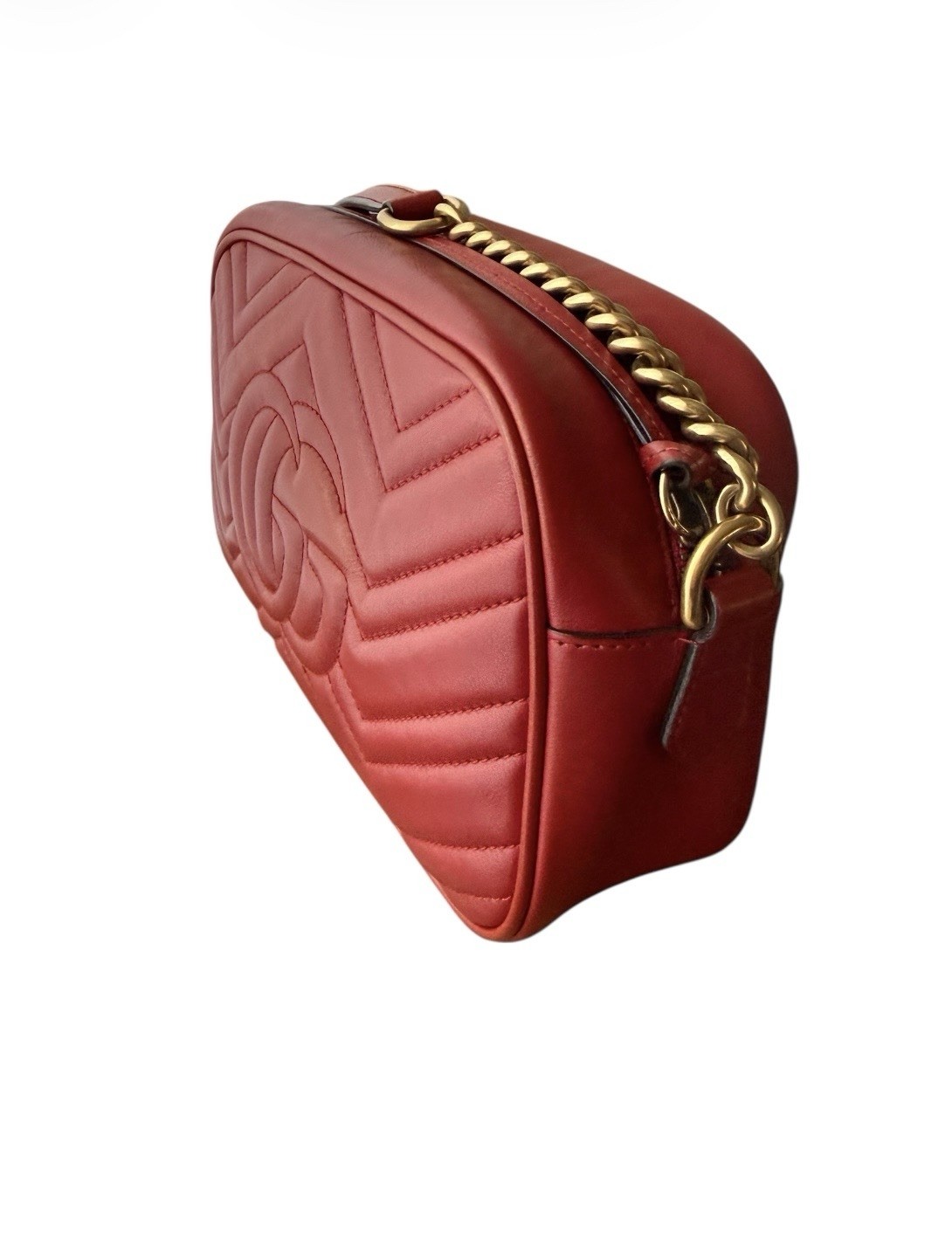GUCCI GG Marmont Matelasse Red Leather Small Camera Shoulder Crossbody Bag