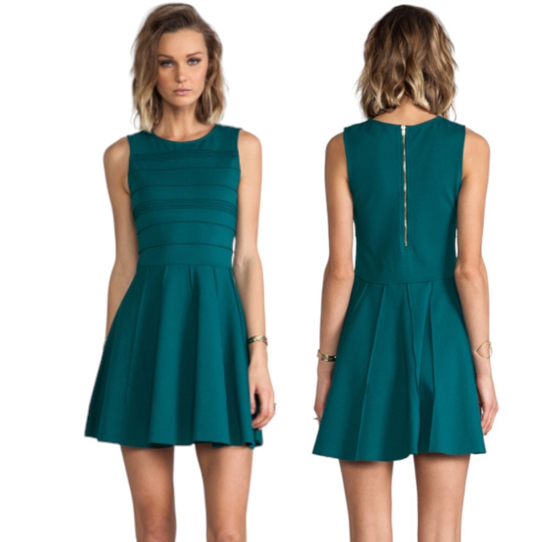 Parker Lacey Pin Tuck Fit and Flare Sleeveless Dress Alpine Teal Green Small
