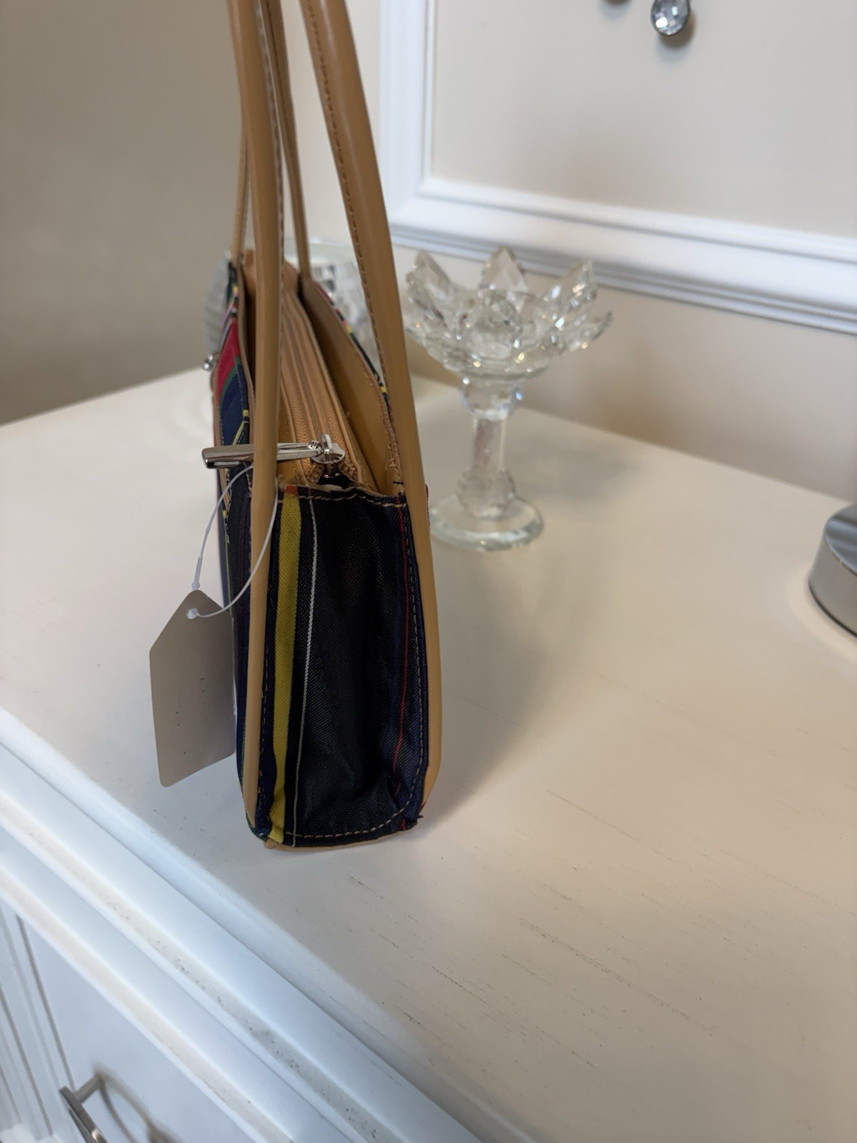 Women’s Multicolor Striped Zip Shoulder Bag Beige Strap Gold Hardware Lined