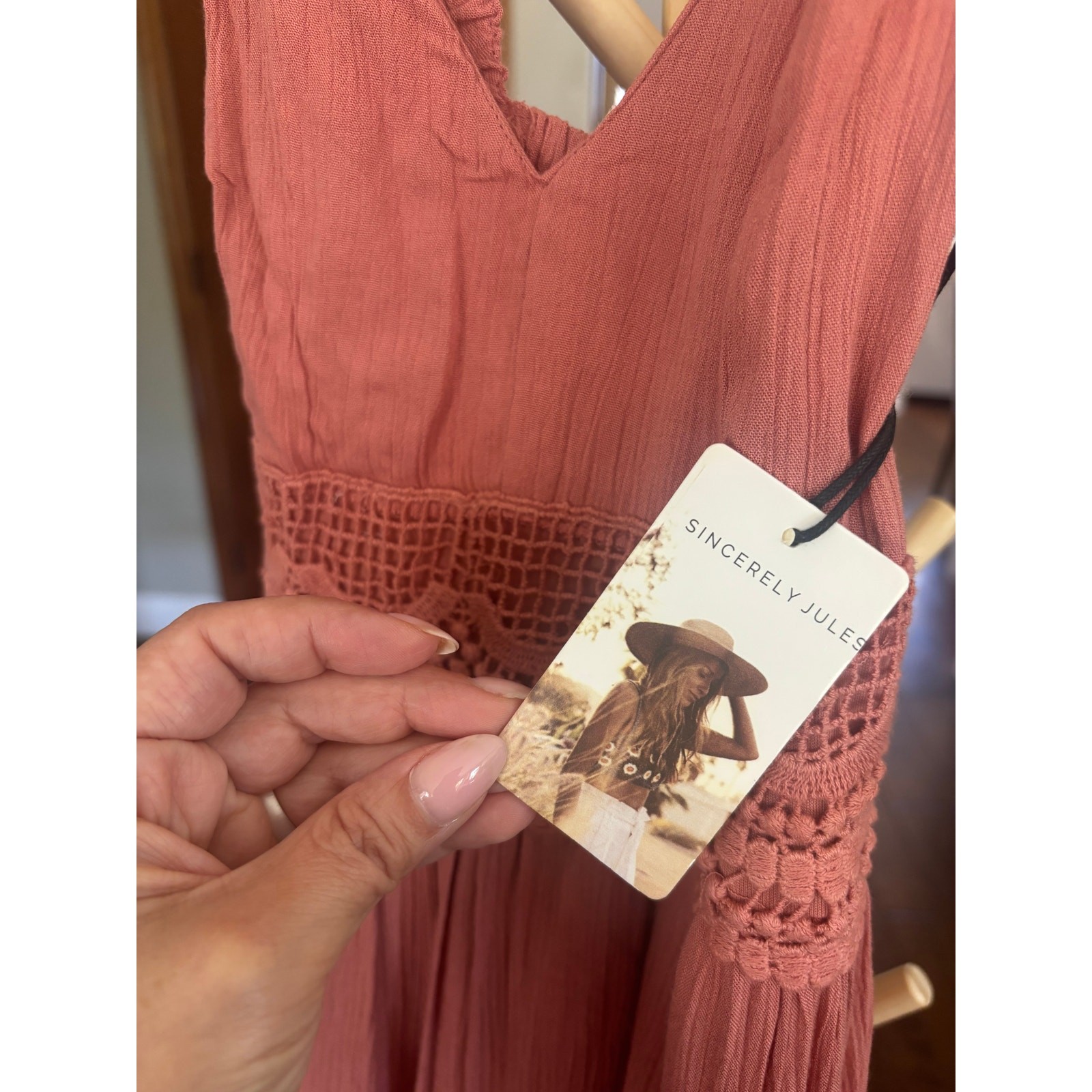 Sincerely Jules Terracotta Rose Crochet Ruffle Flutter Strap Mini Dress S NWT