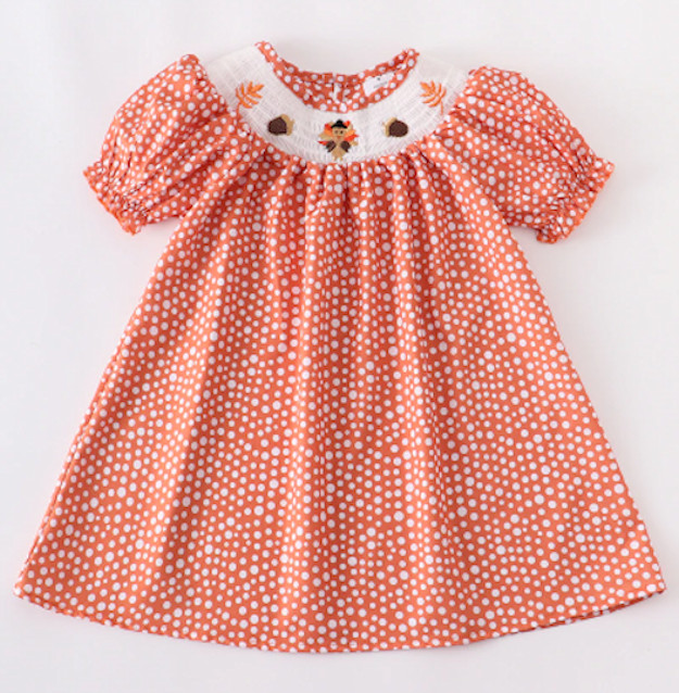 NEW Boutique Thanksgiving Turkey Girls Smocked Embroidered Dress
