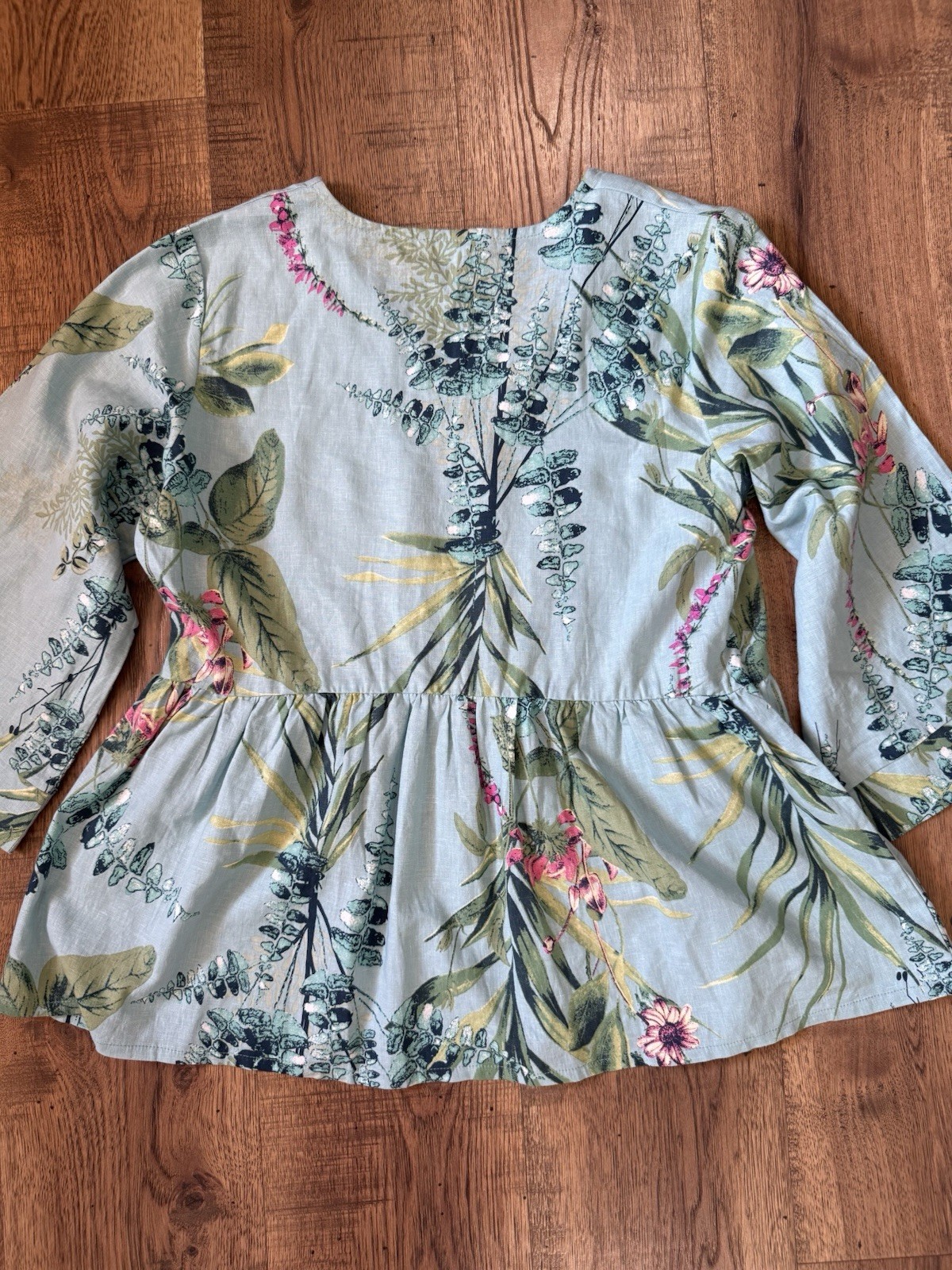 KAKTUS Tunic Blouse Blue Floral V-Neck 3/4 Bell Sleeve Woven Linen S