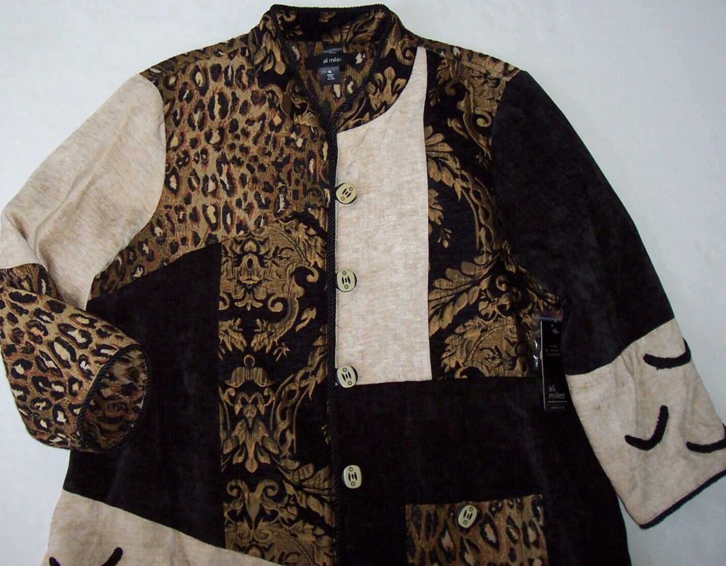 NWT Ali Miles Black/Brown/Beige MIXED TEXTURE Button Jacket L LEOPARD/Chenille