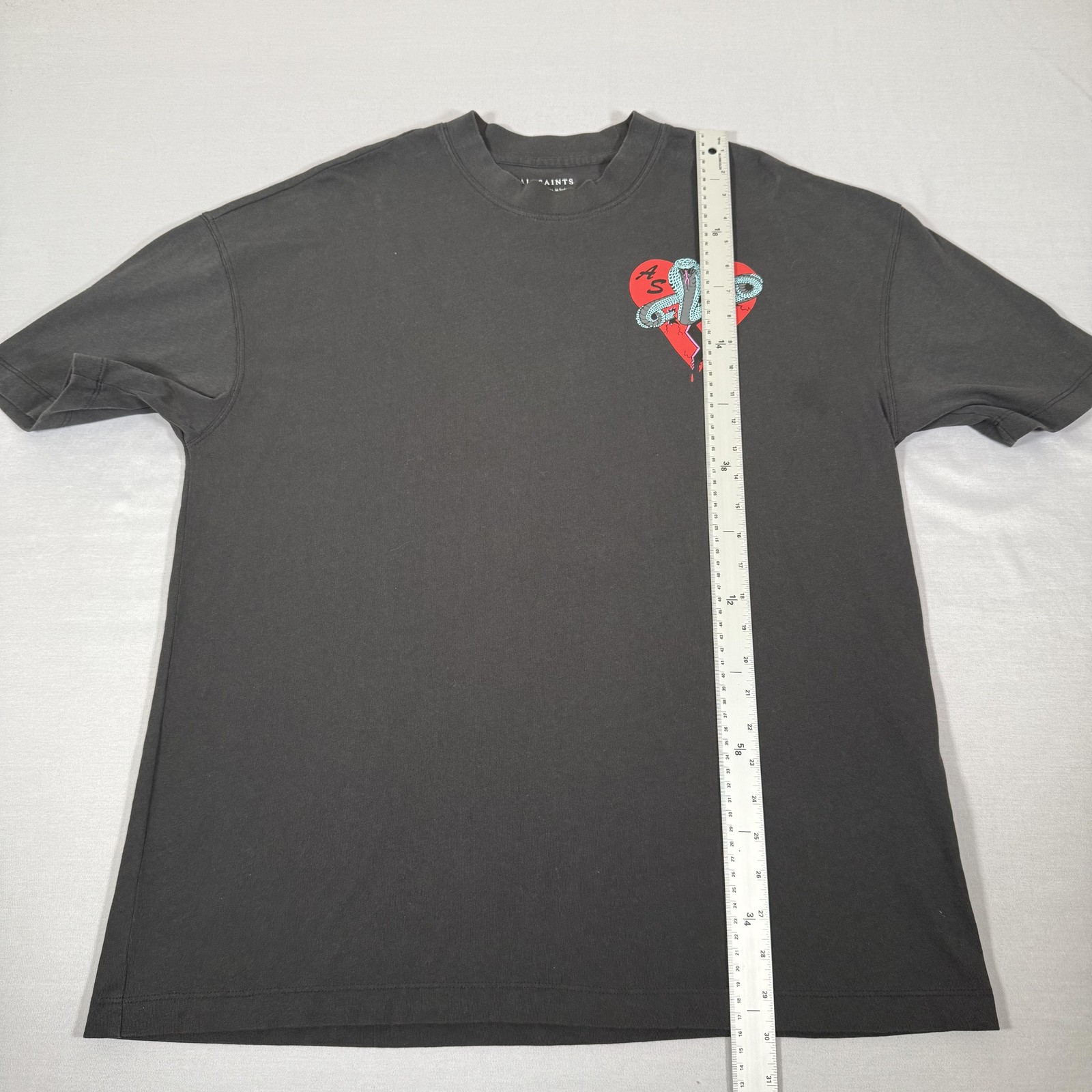 All Saints Shirt Mens Medium Black Oversized Snake Heart Tee Organic Cotton Gym