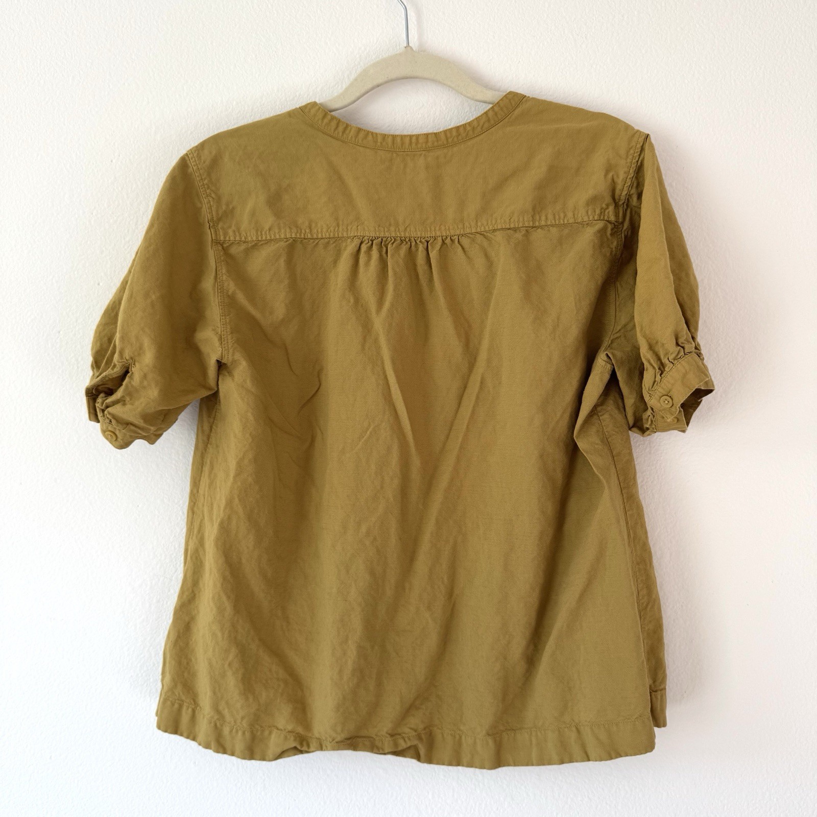 Uniqlo Linen Blend Volume Short Sleeve Blouse Womens Size Large Mustard Yellow