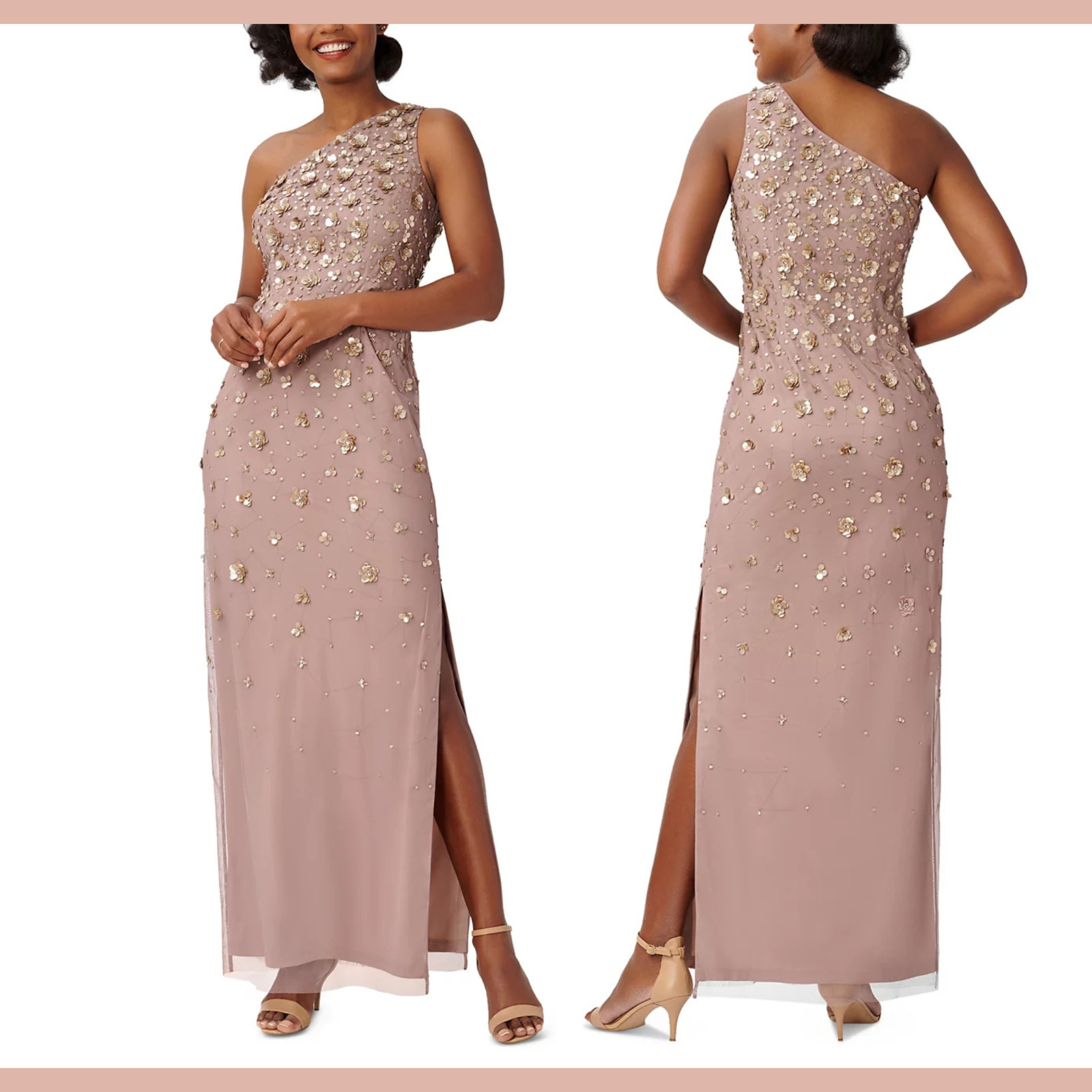 NEW $249 Adrianna Papell [ 6 ] 3D Floral-Beaded One-Shoulder Gown in Stone S1696