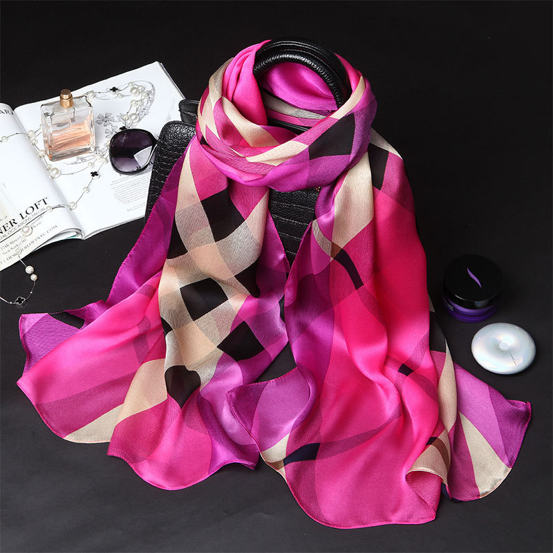 100% Pure Silk Scarf Women Large Long Scarf Shawl Check Style 71″*26″