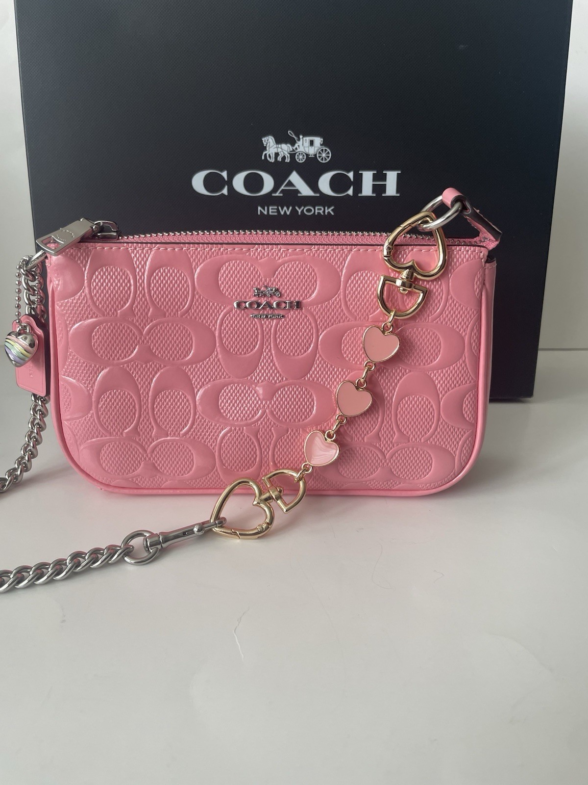 Coach Nolita 19 In Signature Leather With Heart Charm CCZ27, Silver Pink