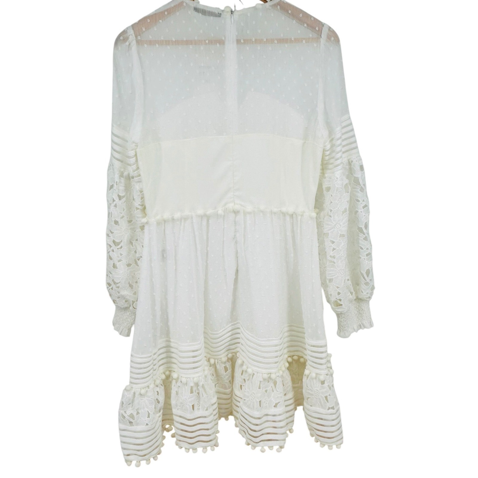 Hesperus White Lace Mini Dress Boho Pom Pom Swiss Dot Long Sleeve Size L