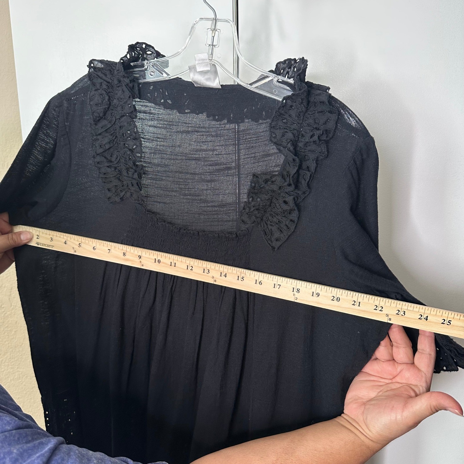 Ivy Jane Womens Black Eyelet Lace Trim Tunic Top Short Sleeve Smocked Large