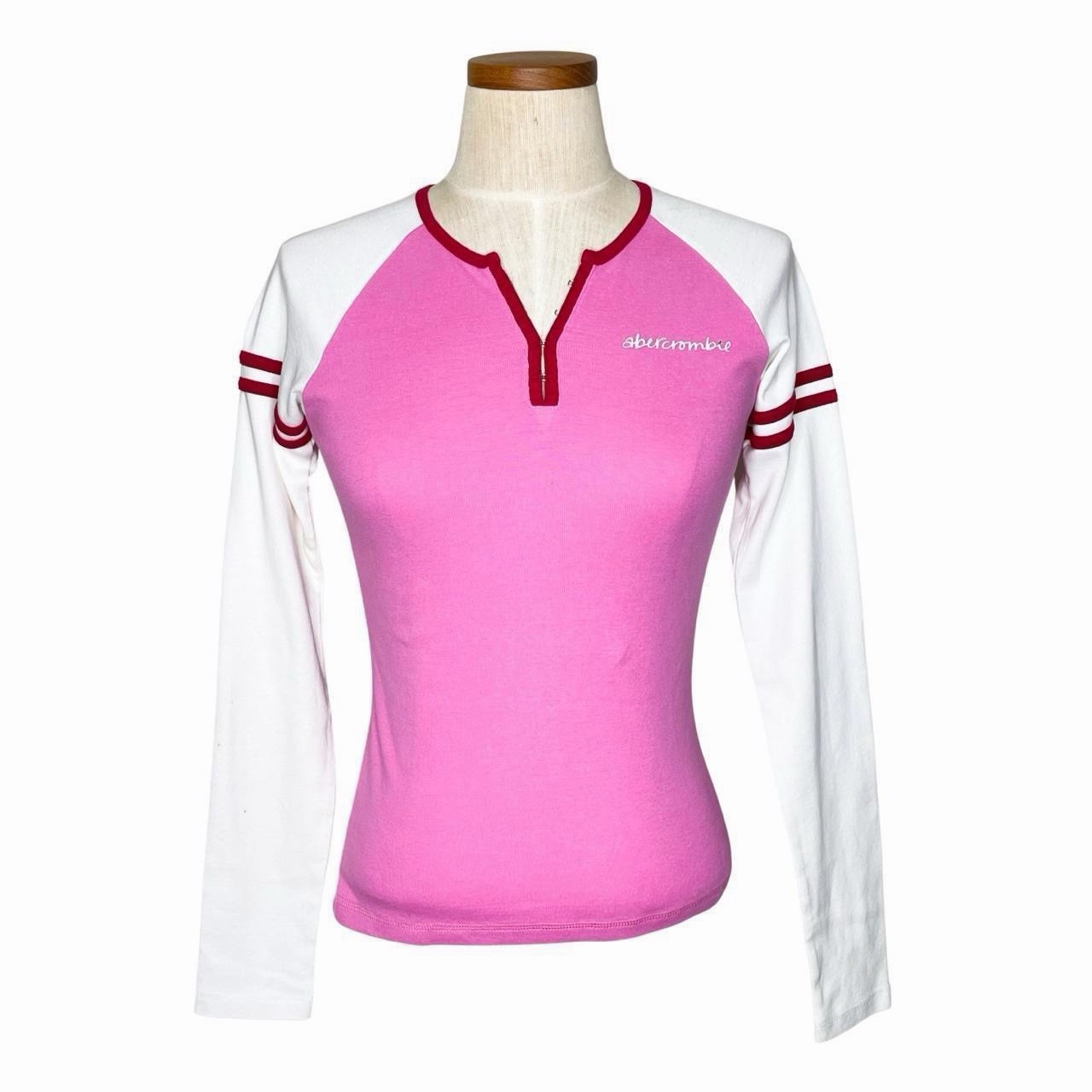 Abercrombie Pink White Red Colorblock Raglan Henley Button Knit Top Juniors XL