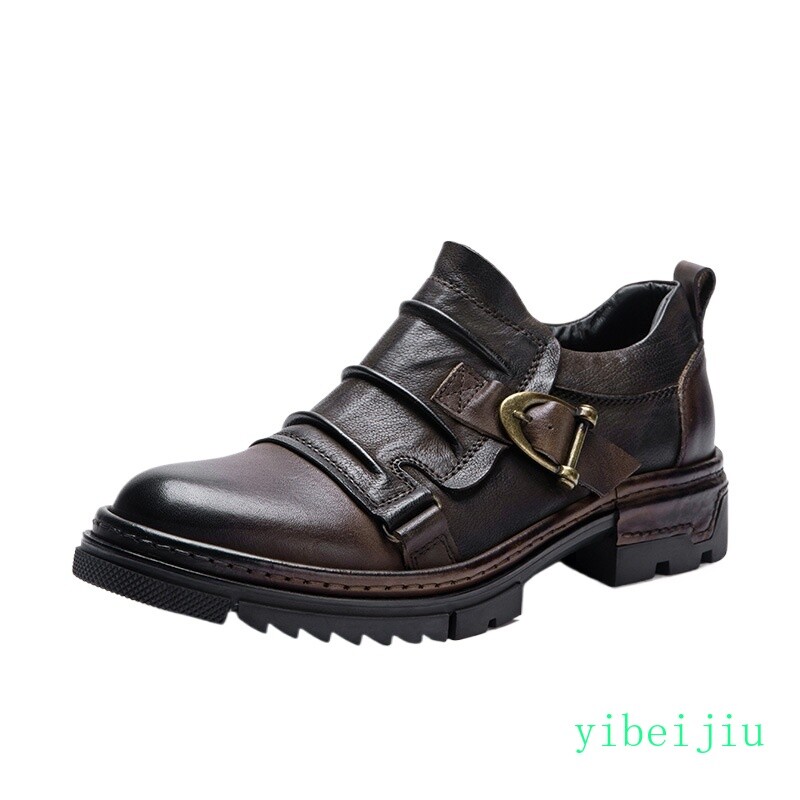 Men Workwear Vintage Real Leather Pleated Shoes Desert Motorcycle Biker Business