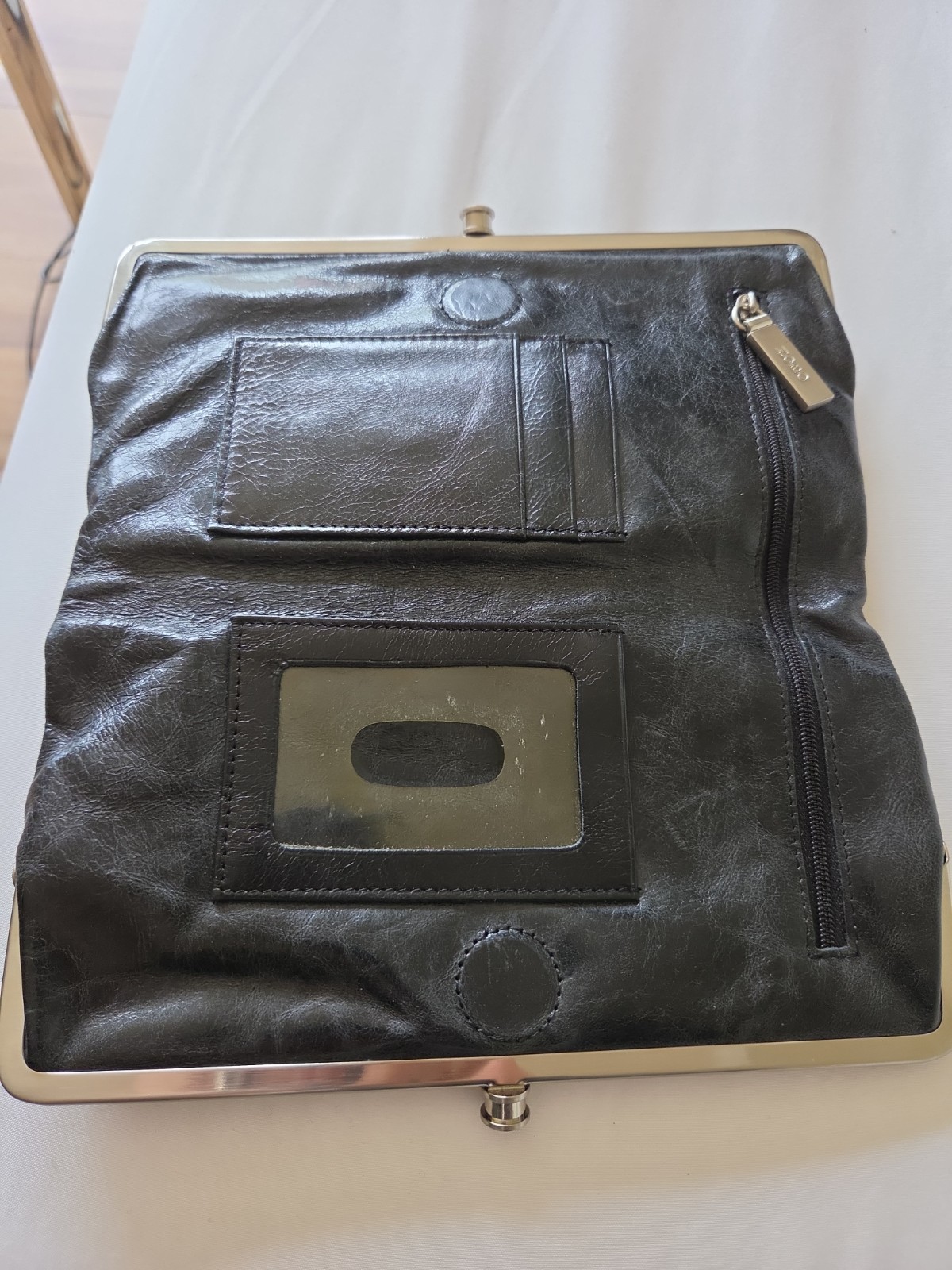 HOBO International Black Genuine Leather Kiss Lock Frame Clutch Wallet Floral