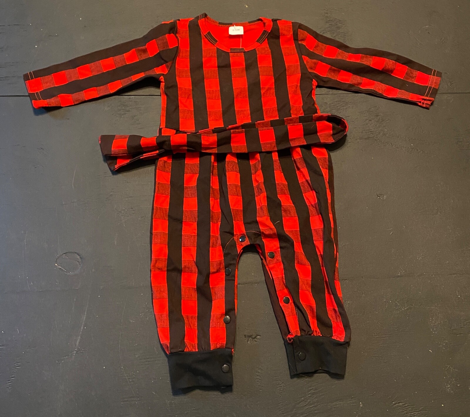 NWT Pat Pat Red / Black Checkered Little Girls Jumpsuit 9-12 Months With Belt