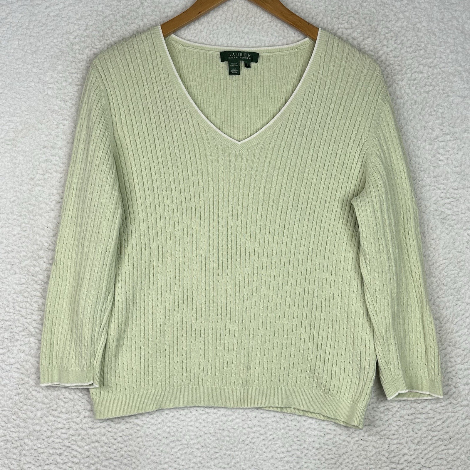 Lauren Ralph Lauren Cable Knit Sweater Women Large Cotton V Neck Mint Green