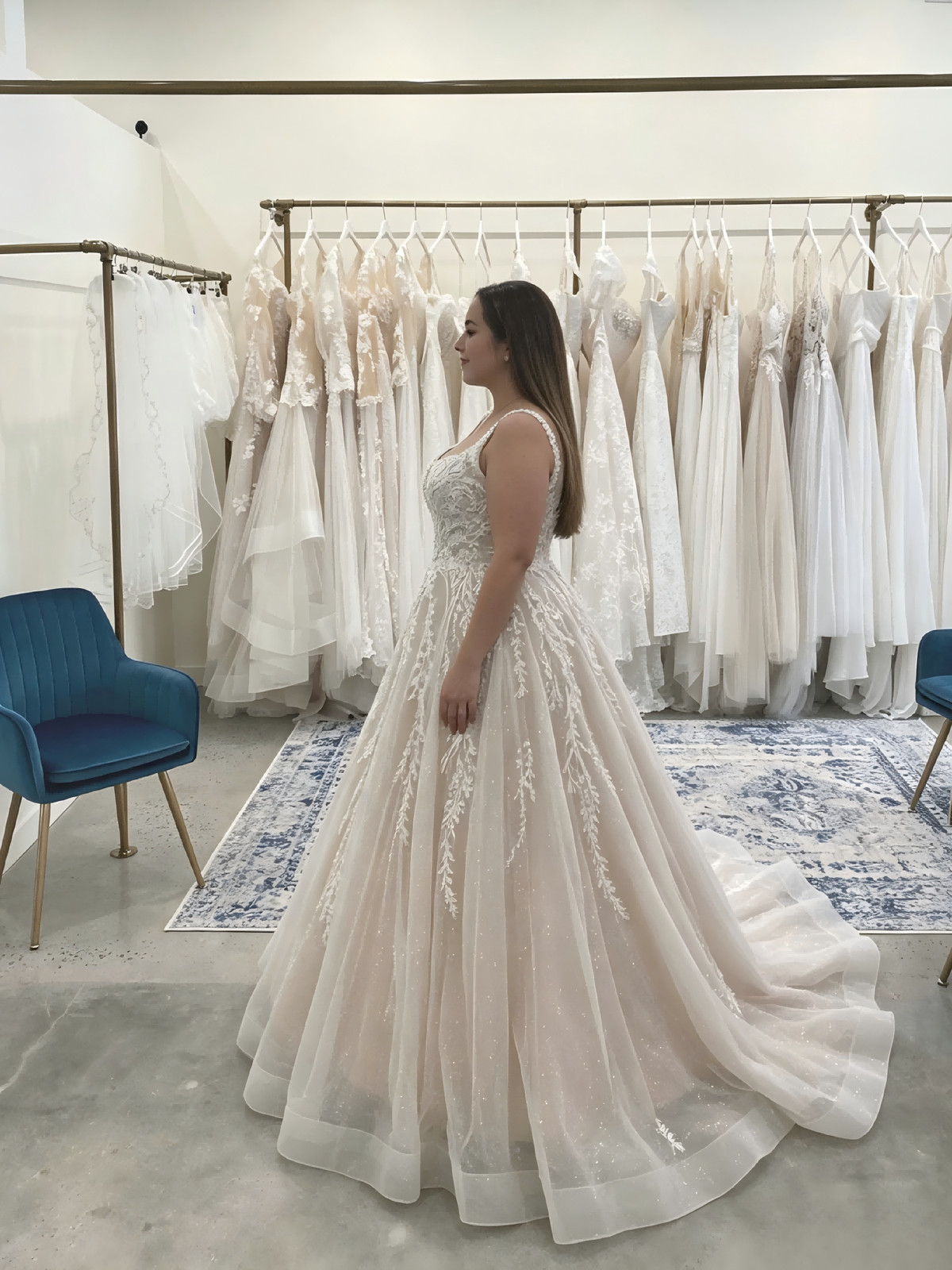 Plus Size Square Neck 3D Floral Lace Ball Gown Sparkle Tulle Train Wedding Dress