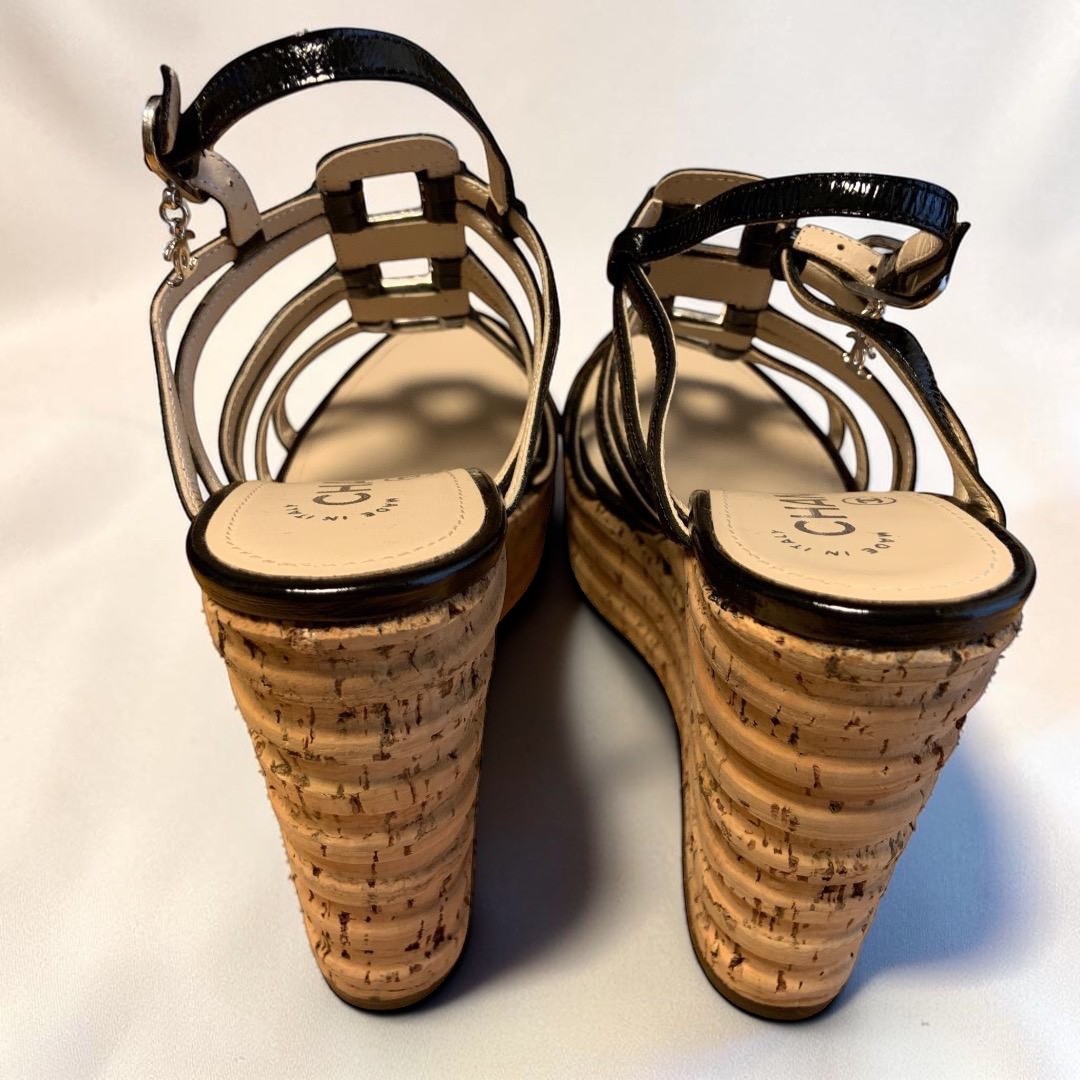 CHANEL CC Logo Coco Mark Patent Leather Strappy Cork Wedge Sandals US 5