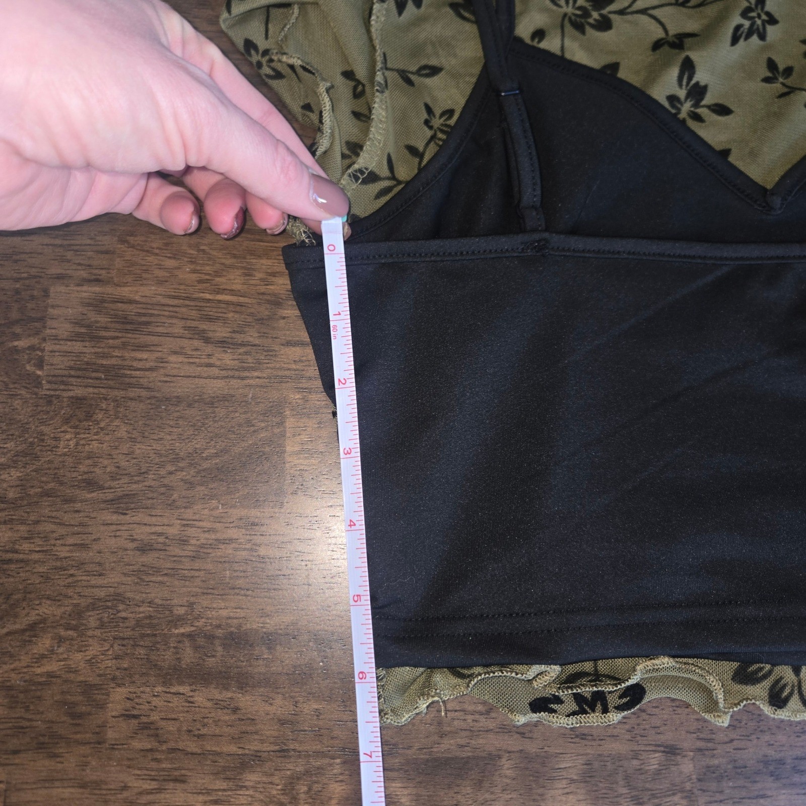 Olive Green Floral Mesh Mock Neck Top with Black Camisole Y2K Fairycore Grunge