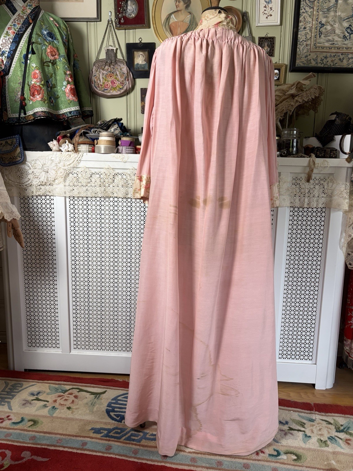 Antique Edwardian Dressing Gown Robe, Shirred Shoulders, Watered Roses Trim