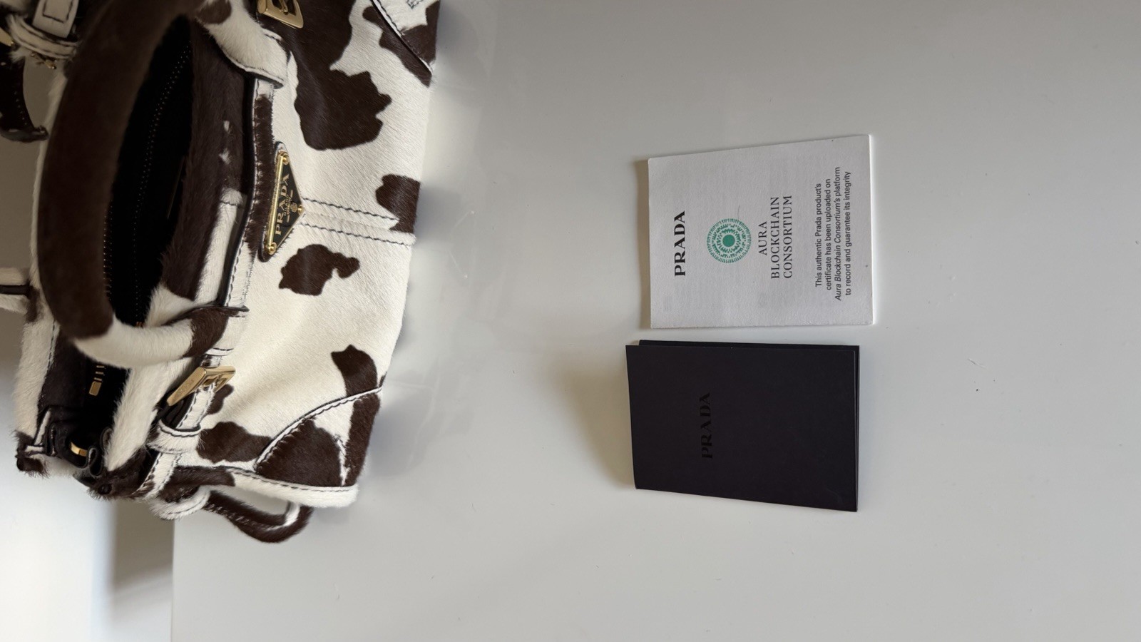 PRADA Cow Print Satchel Top Handle Bag w/ Detachable Adjustable Strap Zip