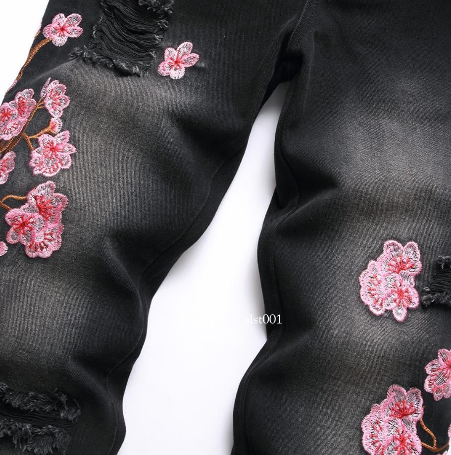 Men’s Black Denim Jeans Straight Leg Casual Pants Floral Embroidery Punk Hip Hop