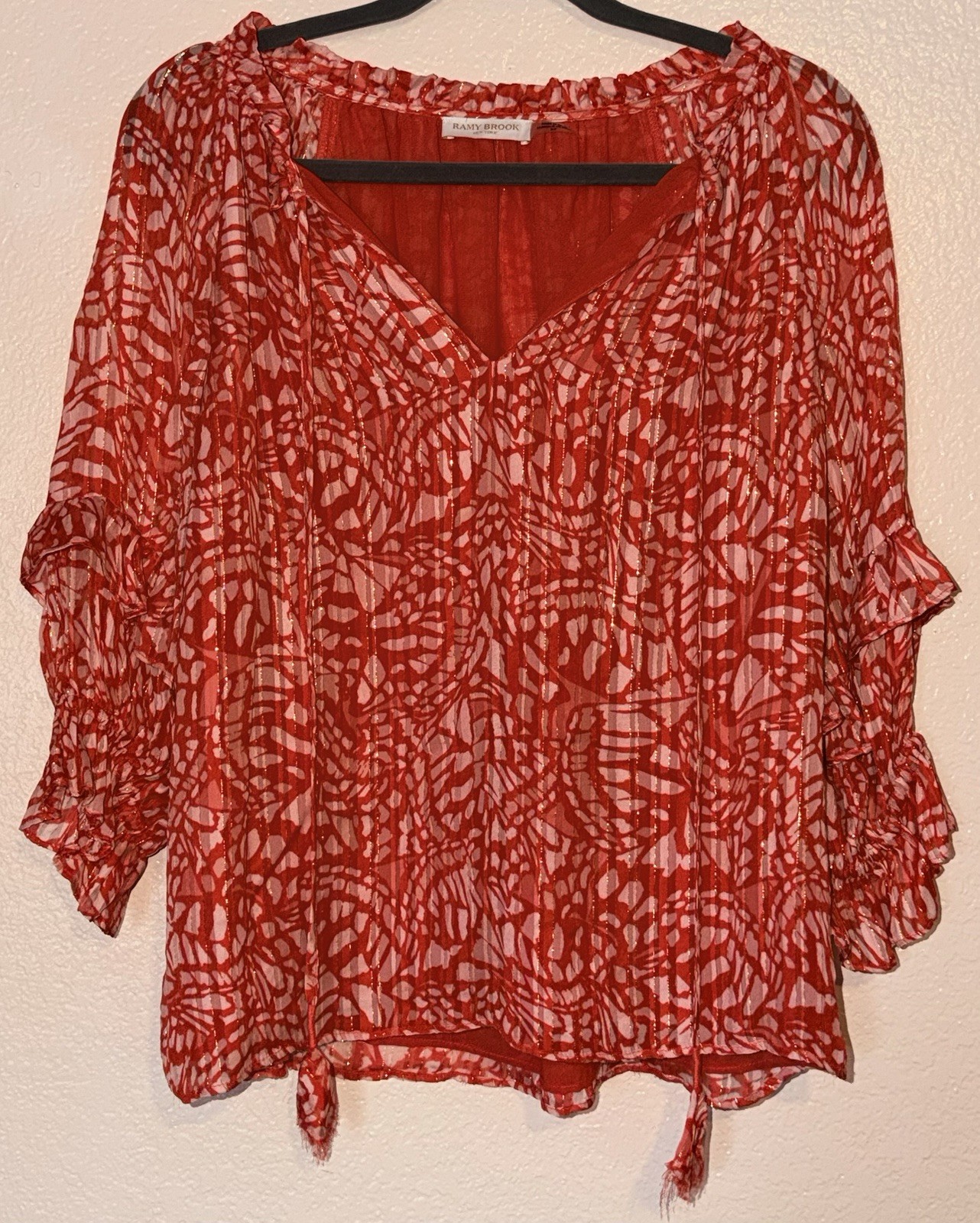 Ramy Brook Women’s Size Small Red Butterfly Wings 3/4 Length-Sleeve Blouse